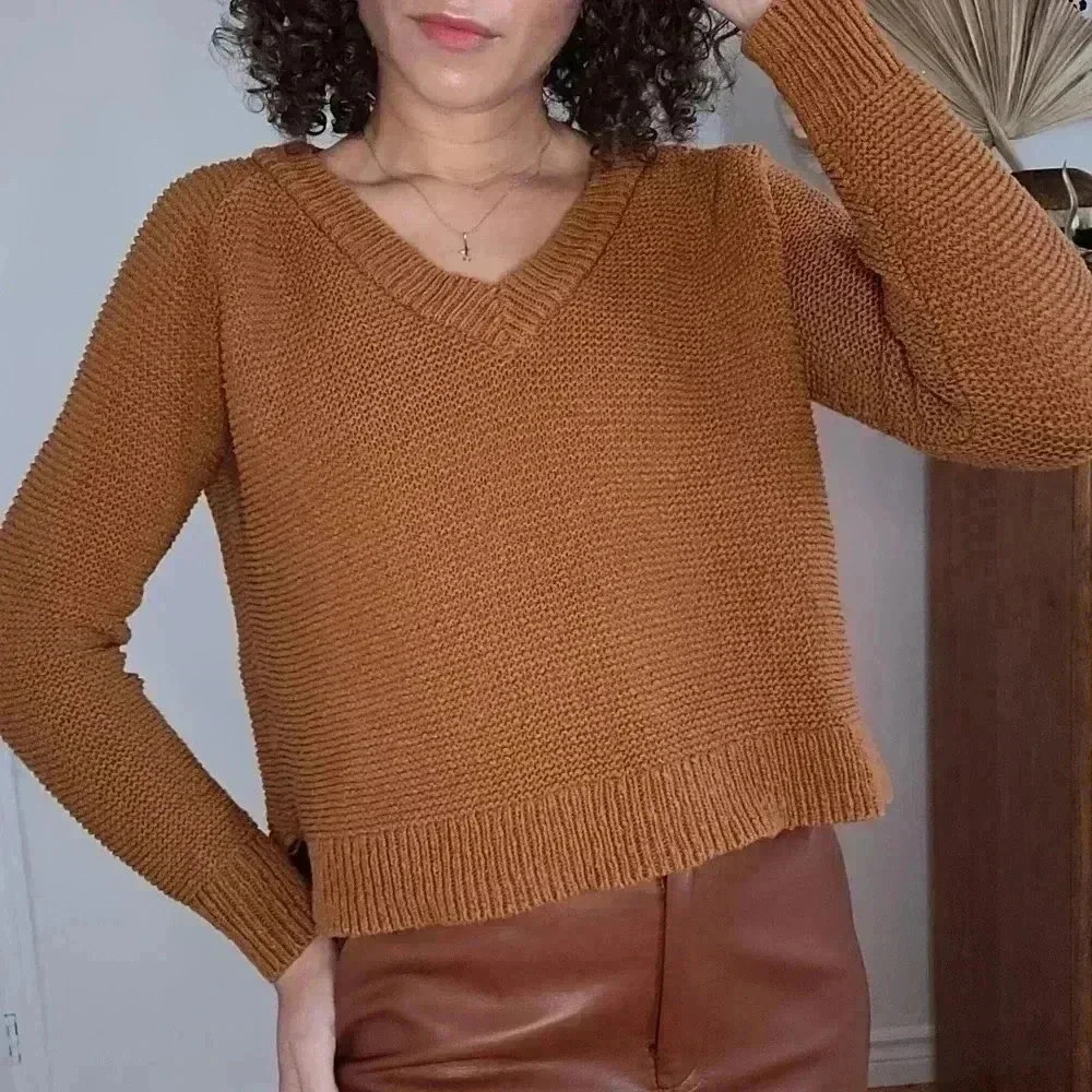 MADEWELL CAMEL 100% COTTON TEXTURAL OVERSIZED VNECK KNIT SWEATER